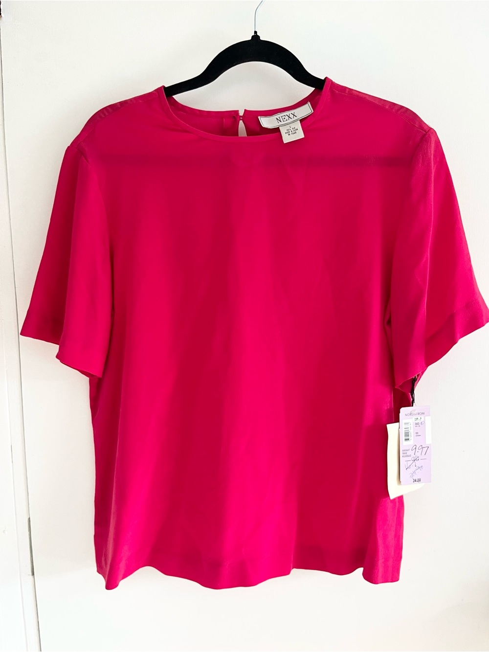 Vintage NEXX Pink 100% Silk Short Sleeve Shirt Top Blouse Large Quiet Luxury